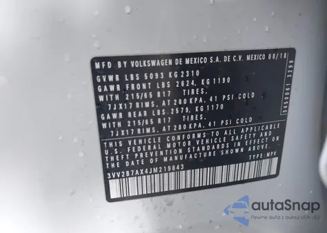 2018 Volkswagen Tiguan 2.0T Se/2.0T Sel z USA, uszkodzony, nr VIN 3VV2B7AX4JM219843